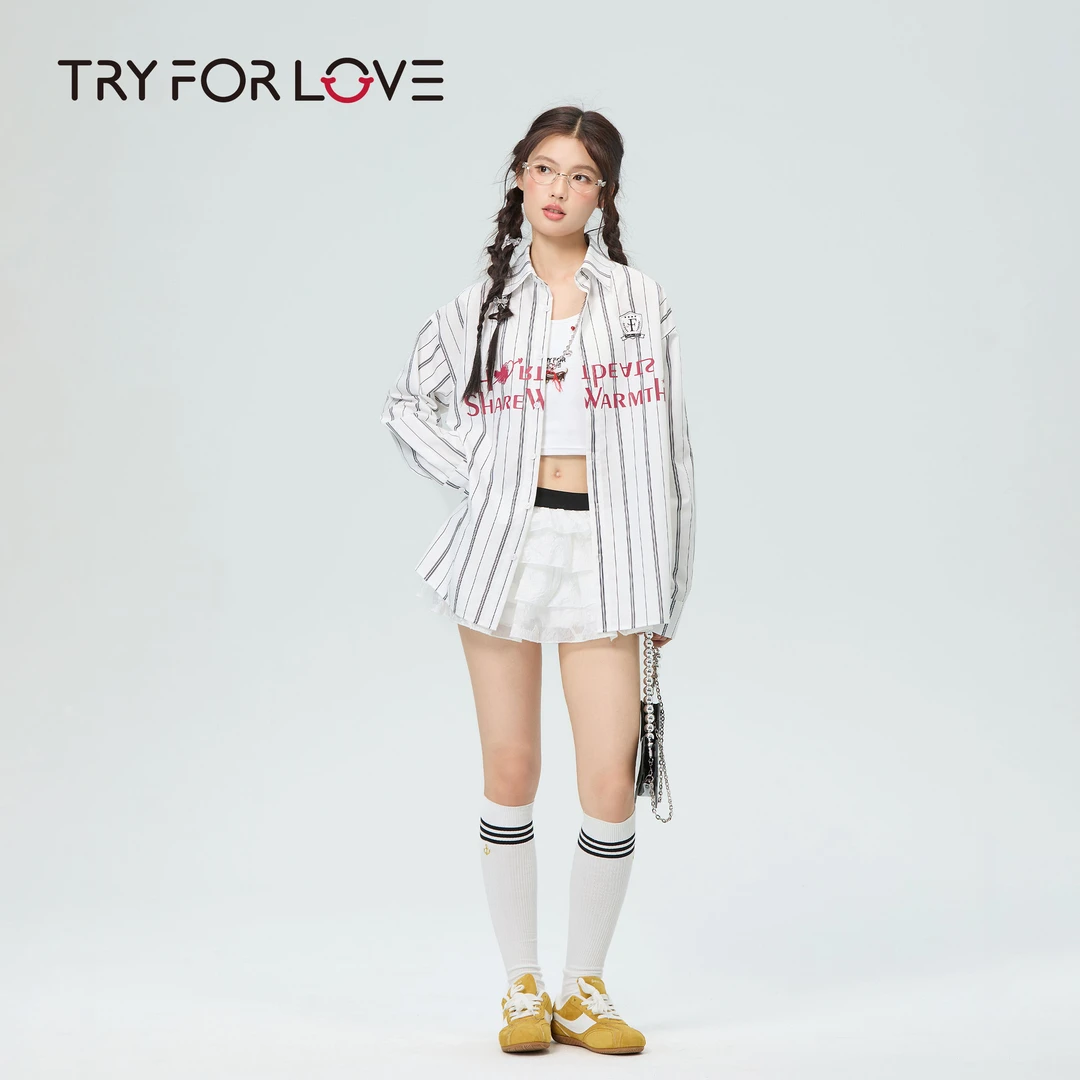 TRYFORLOVE条纹防晒印花字母秋季长袖衬衫成人POLO领街头法式