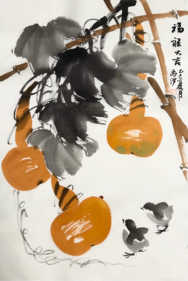 大写意葫芦小鸡图，福禄吉祥图，