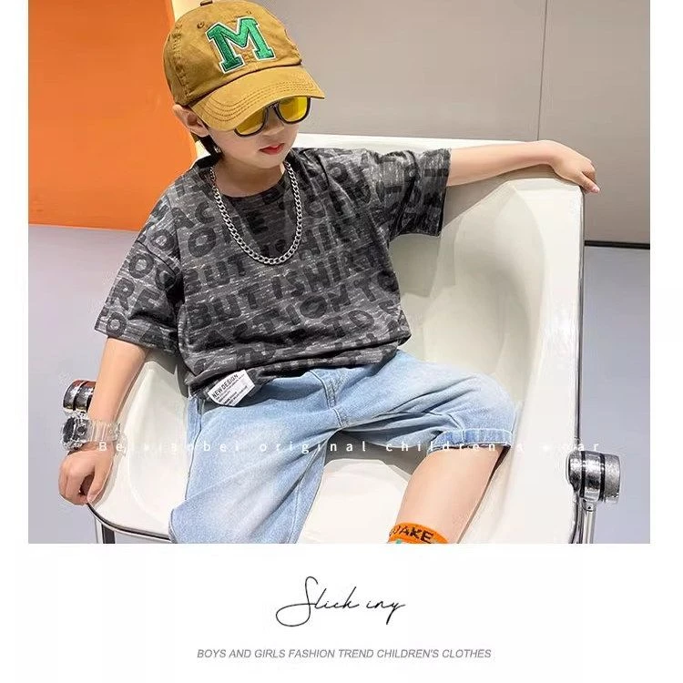 新款夏季男童纯棉短袖字母印花圆领宽松休闲T恤宝宝潮上衣儿童