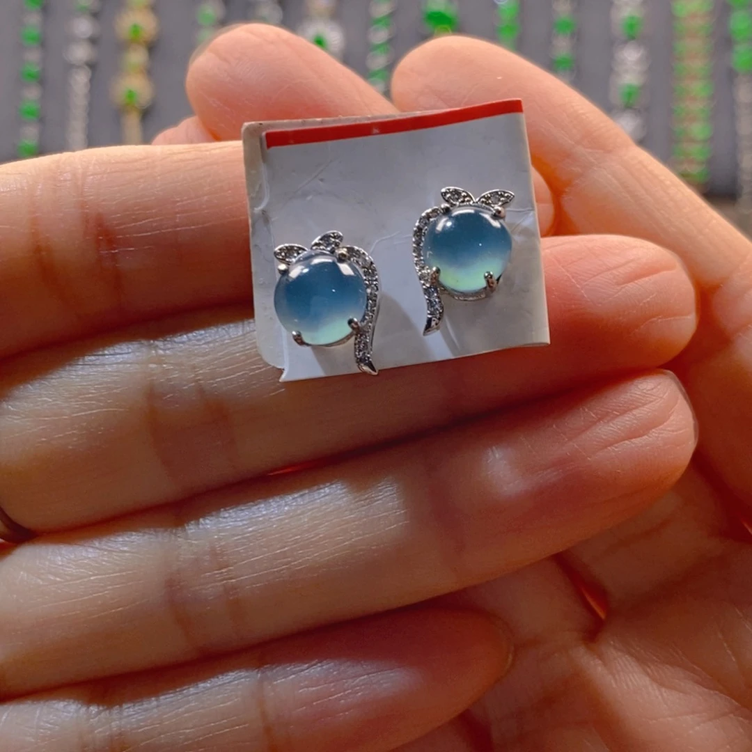 颈饰银S925镶嵌翡翠小*风翡翠耳钉