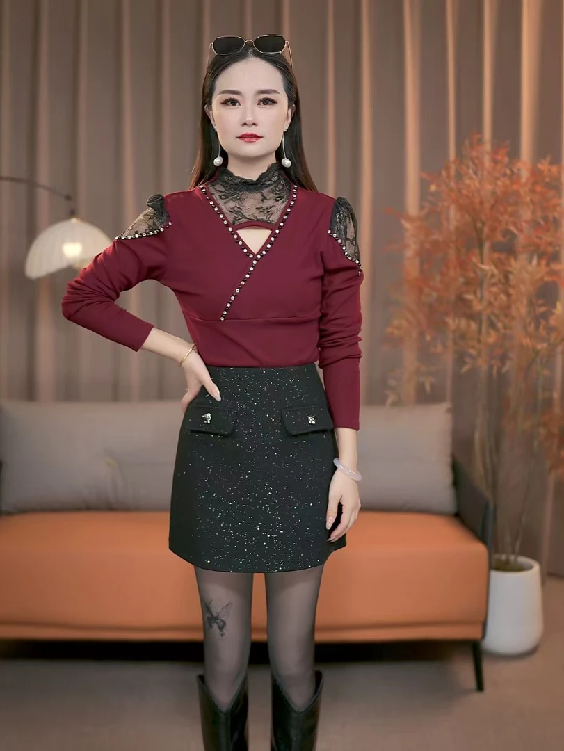 时尚半高领秋冬长袖气质女士尖领衬衫常规蕾丝V领