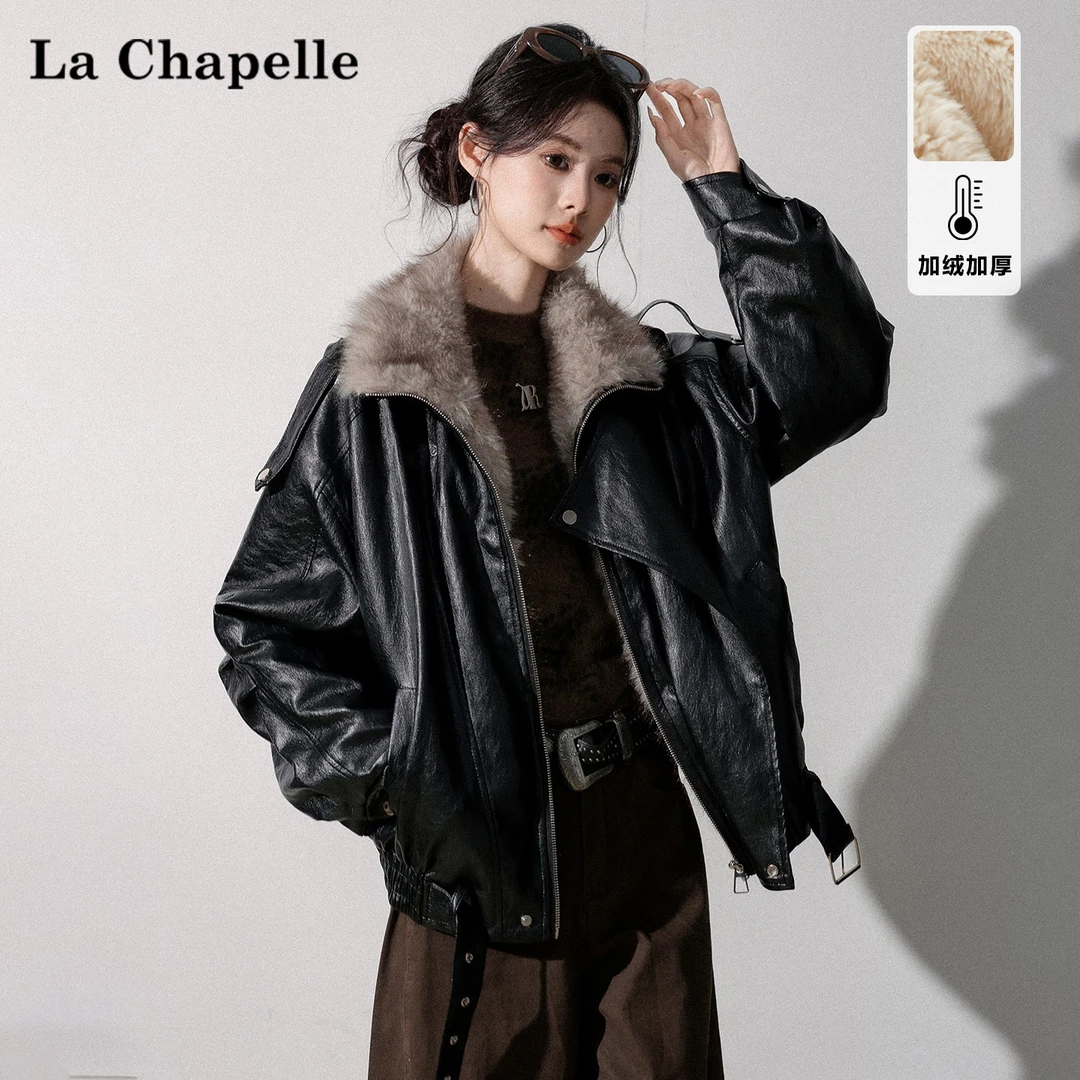 拉夏贝尔机能风皮毛一体毛领PU皮夹克外套女加绒加厚宽松机车服冬