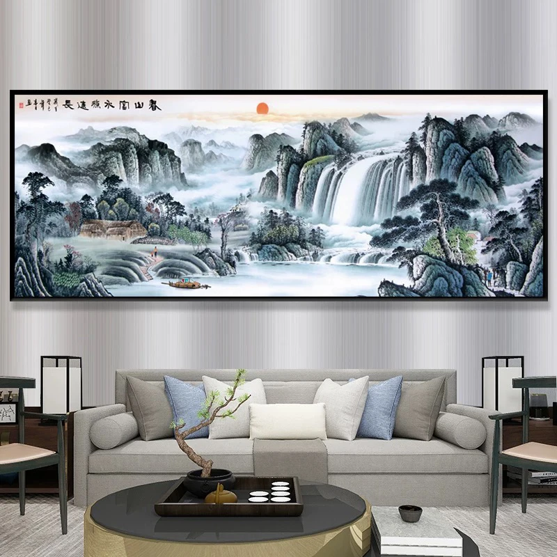 2.65大格水墨版富山富水783纯手工绣好的十字绣成品客厅挂画刺绣