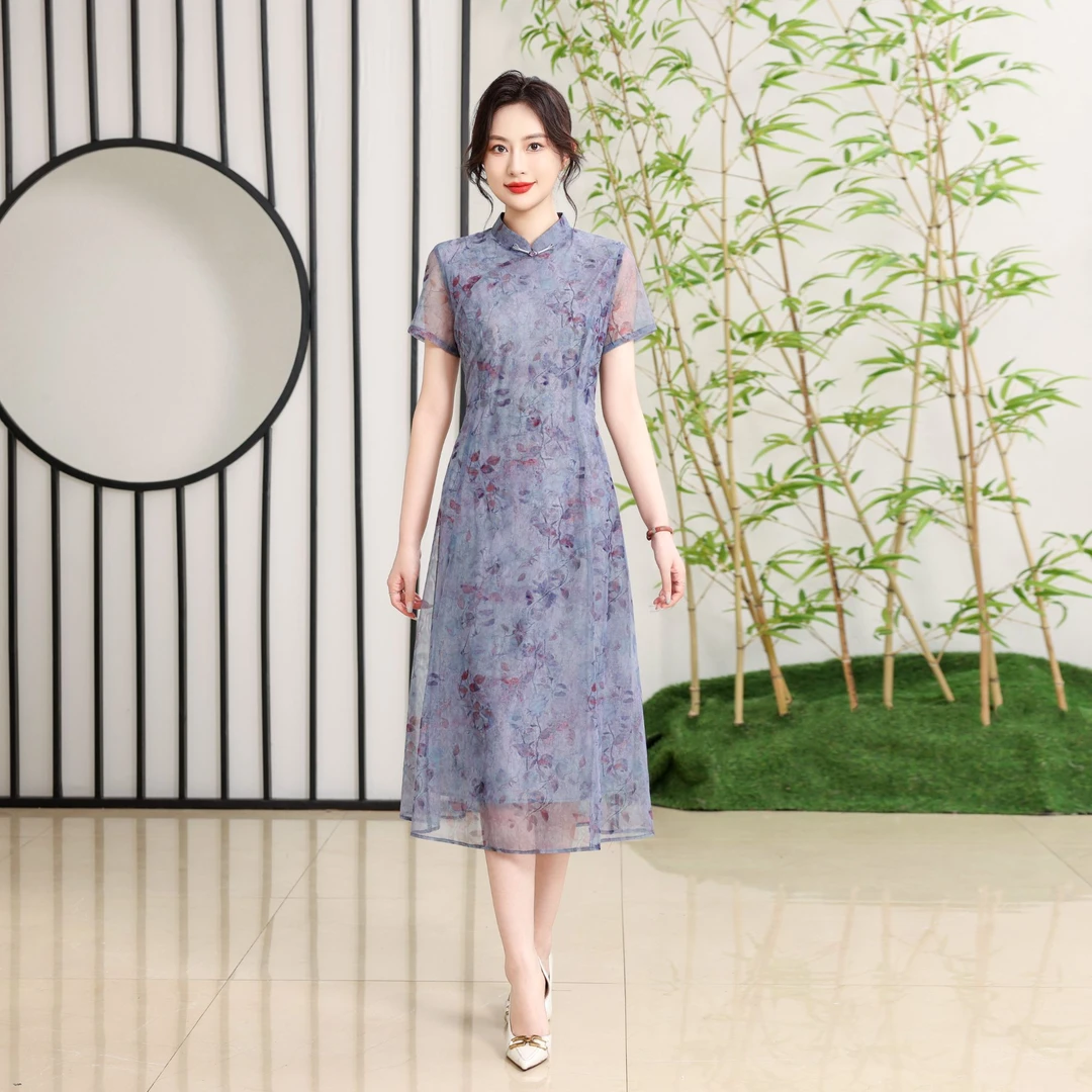 夏季水晶纱连衣裙2025新款气质妈妈装减龄洋气显瘦优雅