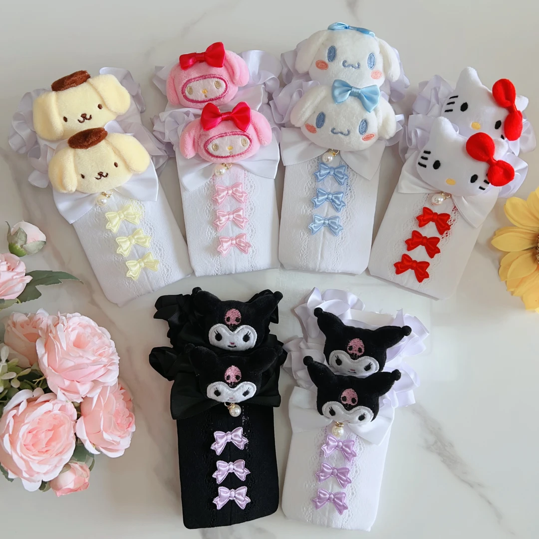 女童公仔袜子春夏薄款2025洛丽塔花边袜儿童中筒袜蝴蝶结堆堆袜