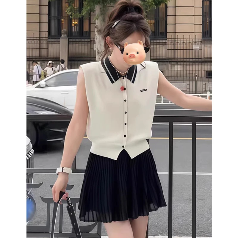 学院风撞色polo领冰丝针织背心女夏季外穿设计感小众坎肩无袖上衣