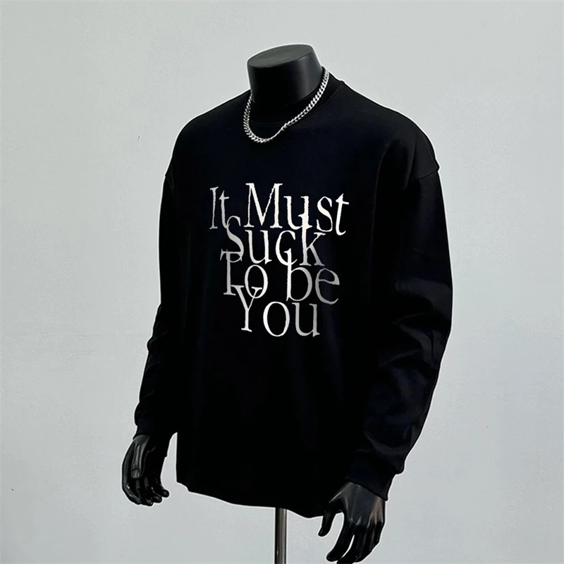 重磅纯棉潮牌创意简约打底衫时尚字母印花男女秋冬季圆领宽松长袖