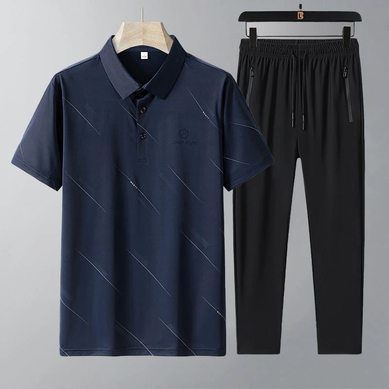 夏季老爸短袖POLO衫舒适亲肤冰丝长裤休闲冰丝短袖爸爸装