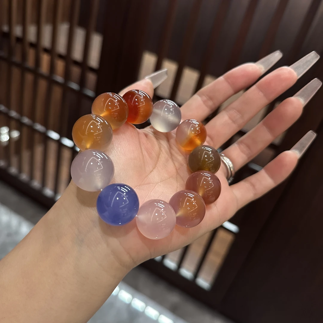 天然玛瑙玉髓江料阿荣旗高蓝原矿色大珠孤品多宝手串男女均可佩戴