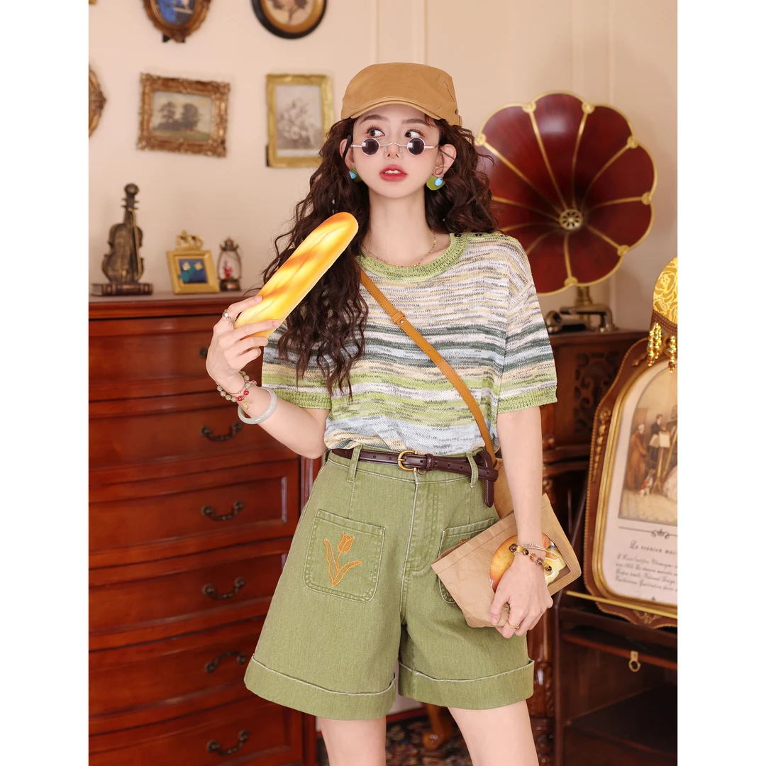 陈大器【彩条小旅】港风复古拼接夏季短袖T恤休闲针织上衣J0525036