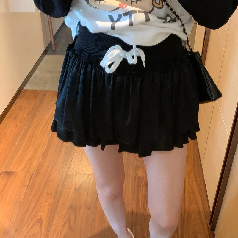 【张静芝】抽绳松紧腰黑色珠光半身裙