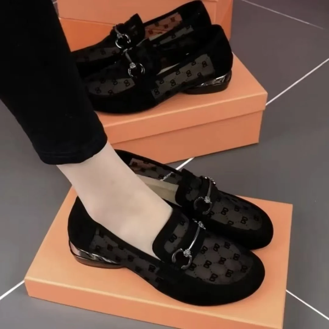 单鞋女2025年新款夏季镂空网纱软皮女鞋低跟软底豆豆鞋透气乐福鞋