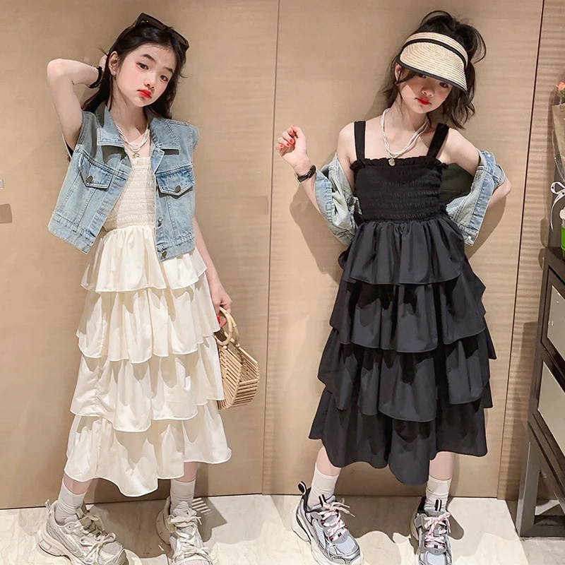 蛋糕裙儿童女牛仔2025新款网红吊带裙套装大童夏装洋气女孩时尚