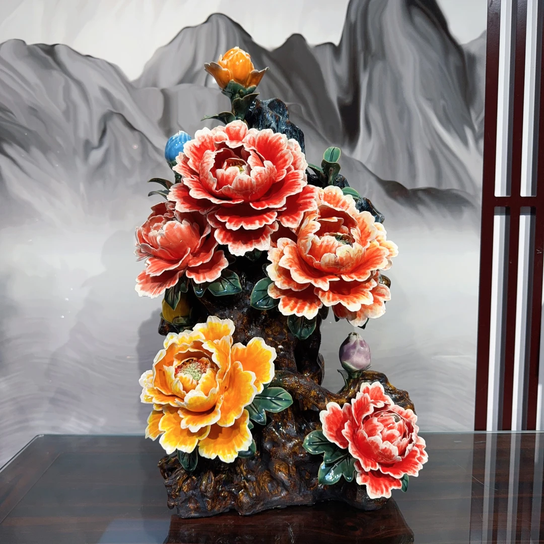 【花开富贵-国花牡丹-长36宽20高60】石湾公仔新中式工艺品家居摆件