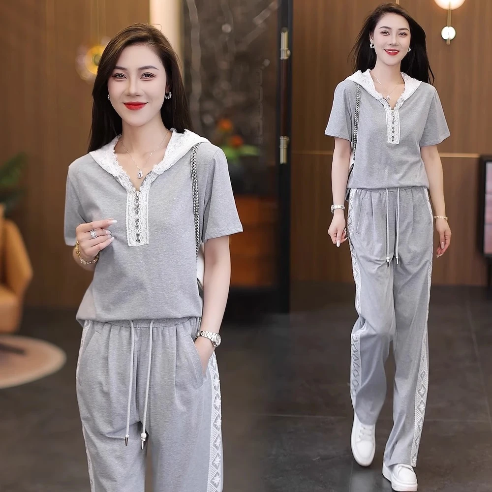 时尚短袖套装女2025夏季新款减龄显瘦拼接蕾丝连帽短袖阔腿裤套装