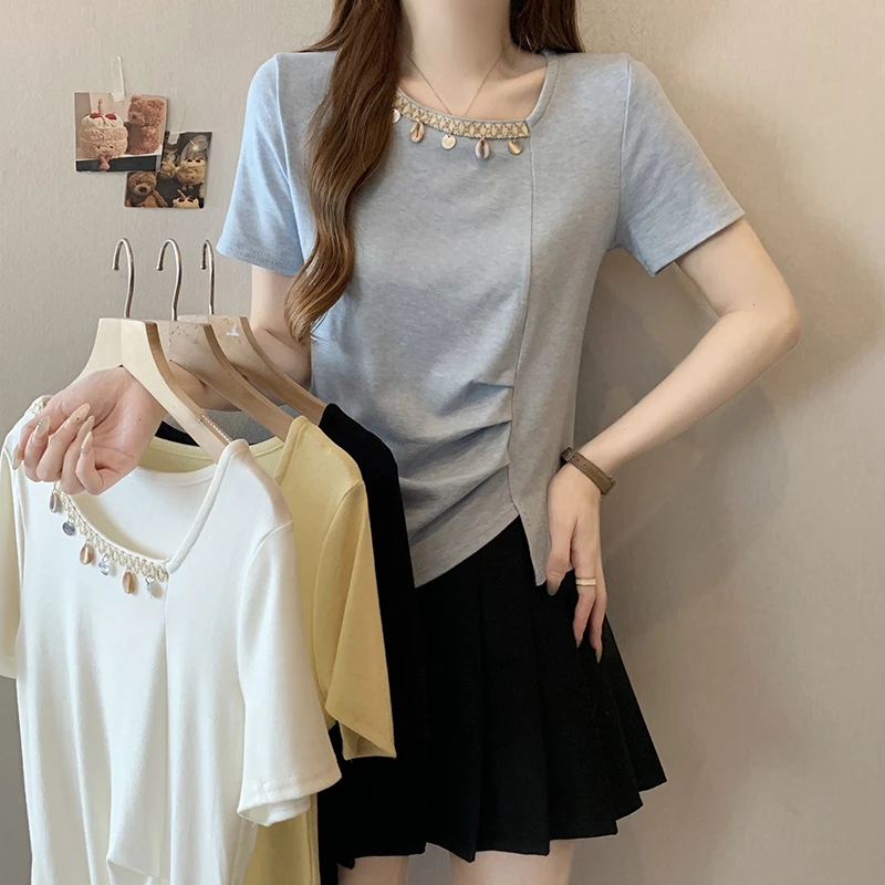 2025夏装新款胖mm大码女时尚斜领贝壳流苏不规则短袖T恤