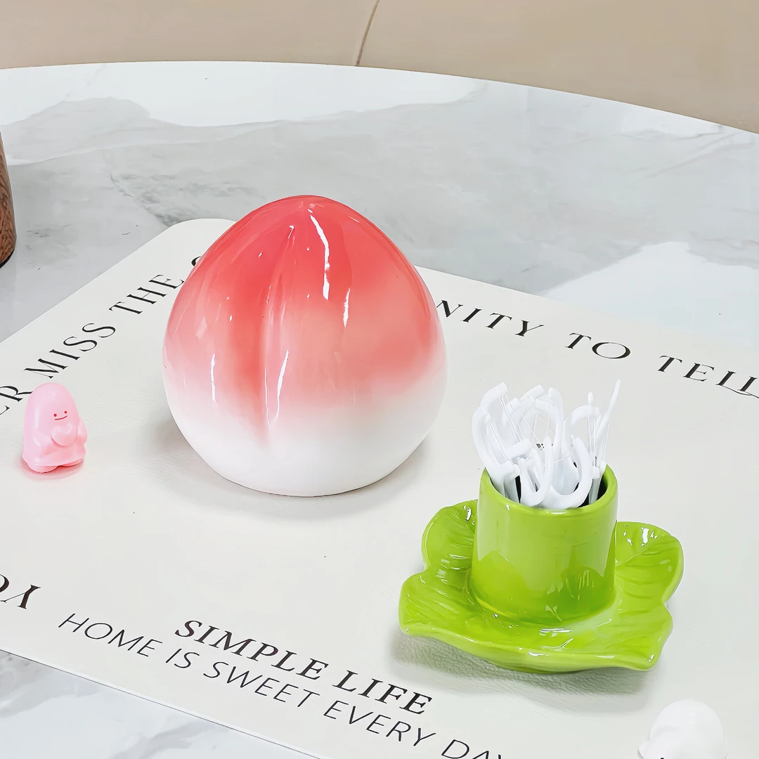 ins风水蜜桃陶瓷牙签筒家用新款棉签收纳牙线陶瓷收纳罐桌面摆件