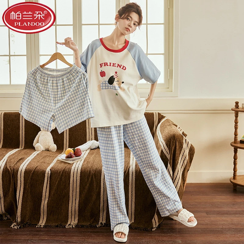 帕兰朵女士睡衣三件套自带胸垫纯棉2025夏季女款休闲宽松套头圆领