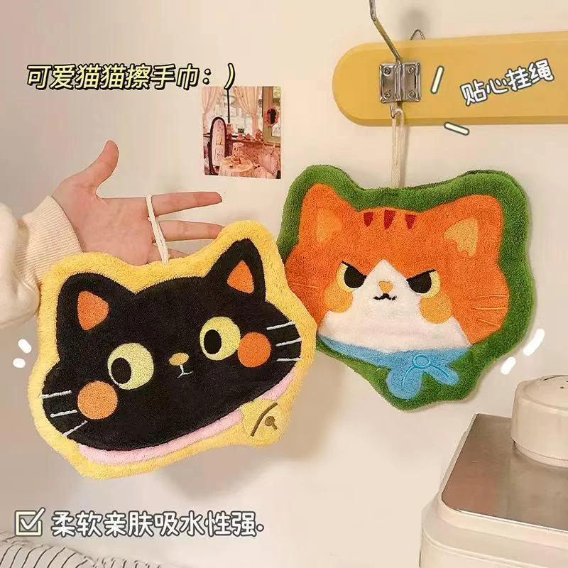 小猫头卡通擦手巾可悬挂式擦手巾珊瑚绒材质柔软吸水速干擦手帕
