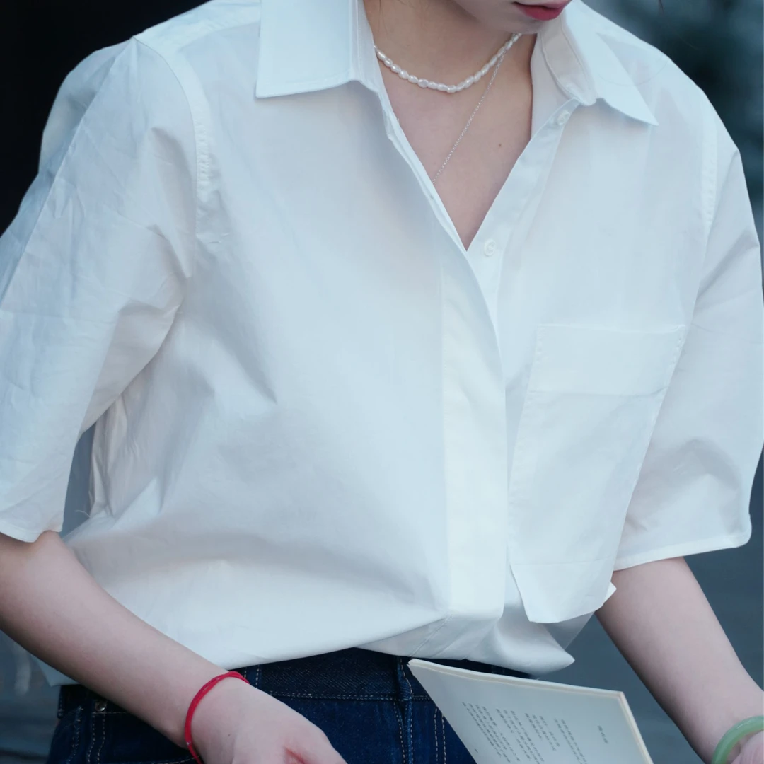 MAX ZIGR短袖法式纯棉夏季纯色盐系少年感抗皱吸湿女衬衫时尚小众