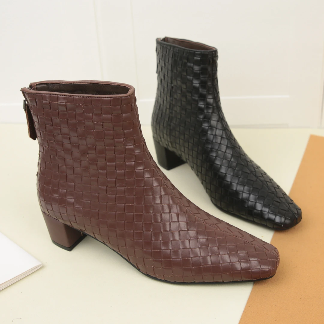 3056冬季新款气质方头编织粗跟短靴女中跟加绒保暖后拉链瘦瘦靴