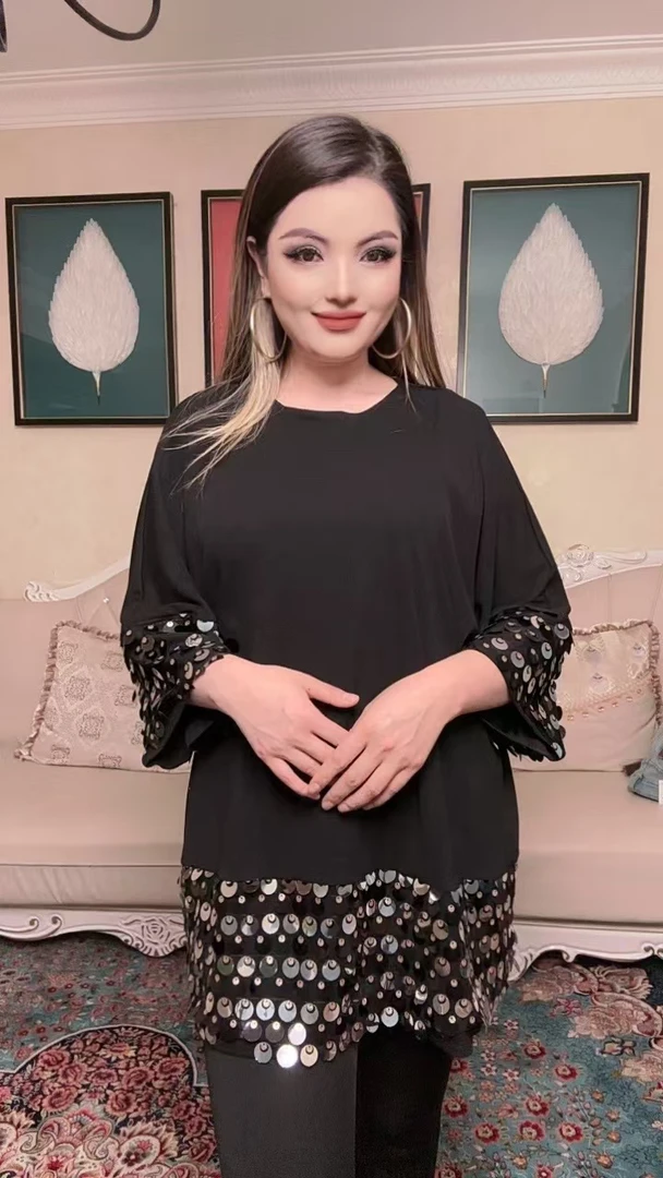 T恤通勤风宽松型圆领宽松蕾丝气质夏季黑色时尚拼接长袖流苏