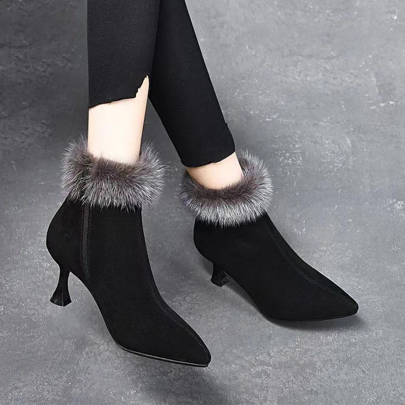 靴子高跟鞋冬季女鞋加绒加厚保暖棉鞋2024毛毛短靴女尖头细跟女靴