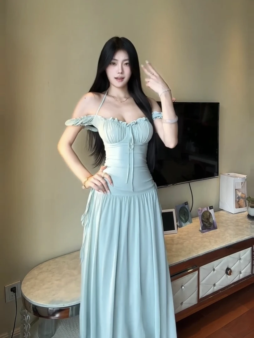 层叠浪漫~法式浪漫网纱海边度假连衣裙女夏季海岛方领气质长裙子