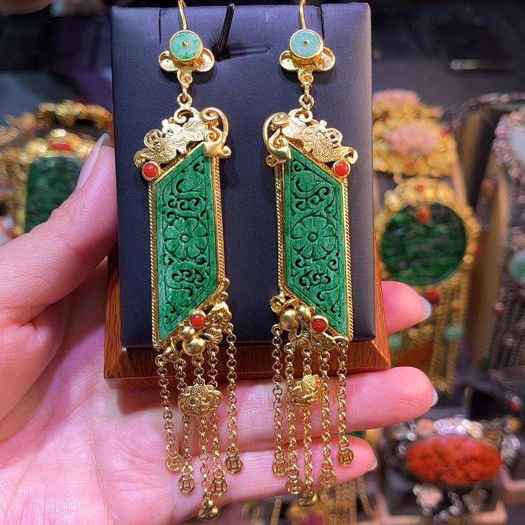 翡翠银S925镀金镶嵌耳坠台湾工