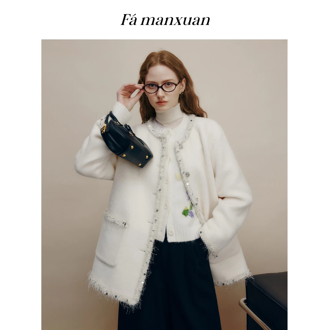 【达人专属】法曼萱苏力羊驼毛亮片毛须外套女2025冬上衣WT0756