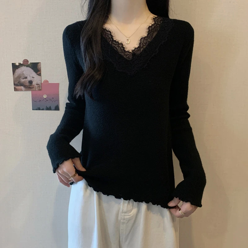 胖mm秋装大码女装蕾丝拼接V领显瘦毛衣韩版木耳边针织衫上衣