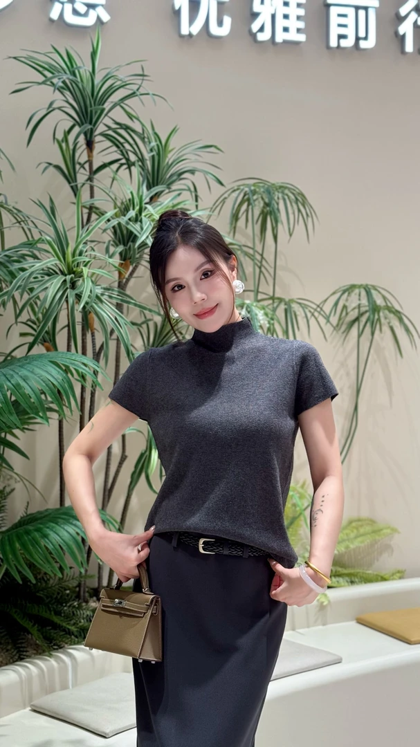 2025早秋新款简约高级感高领短袖针织上衣