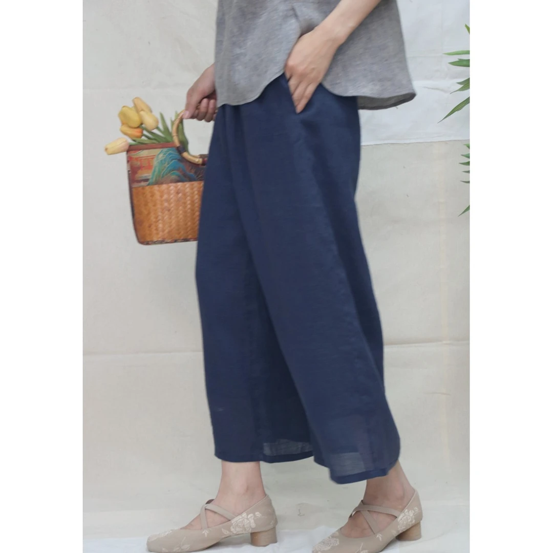 100苎麻七分阔腿裤2025春夏新款百搭款式高级时尚感女裤