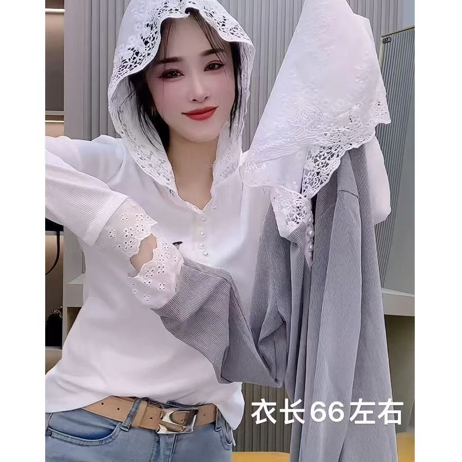 凤儿家-5805甜美蕾丝拼接连帽长袖上衣