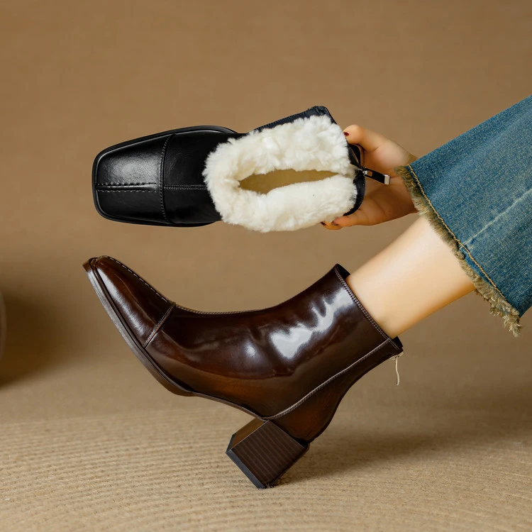 6cm 通勤休闲百搭粗跟短靴冬季法式气质韩版简约时尚高跟保暖短靴