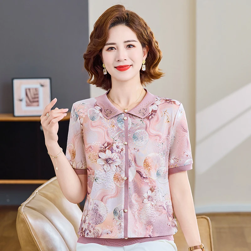 2025年夏季薄款冰丝小衫洋气漂亮妈妈装中老年女装宽松短袖T恤衫