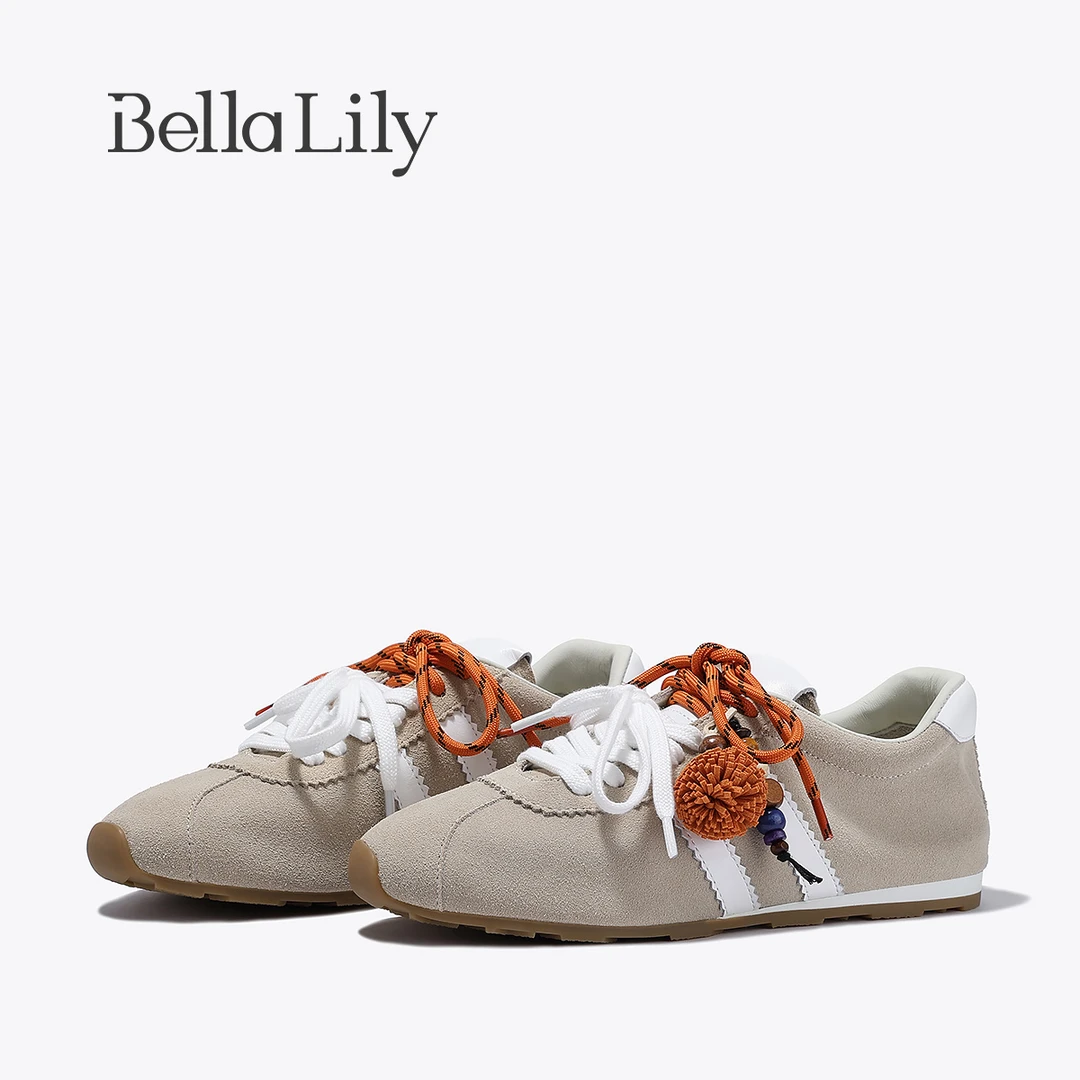 BellaLily2025秋季新款双鞋带松果阿甘女鞋牛皮德训鞋运动休闲鞋