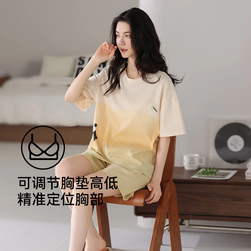 睡衣女款2025新款夏季纯棉布料100全棉带胸垫女士灵动家居服夏天