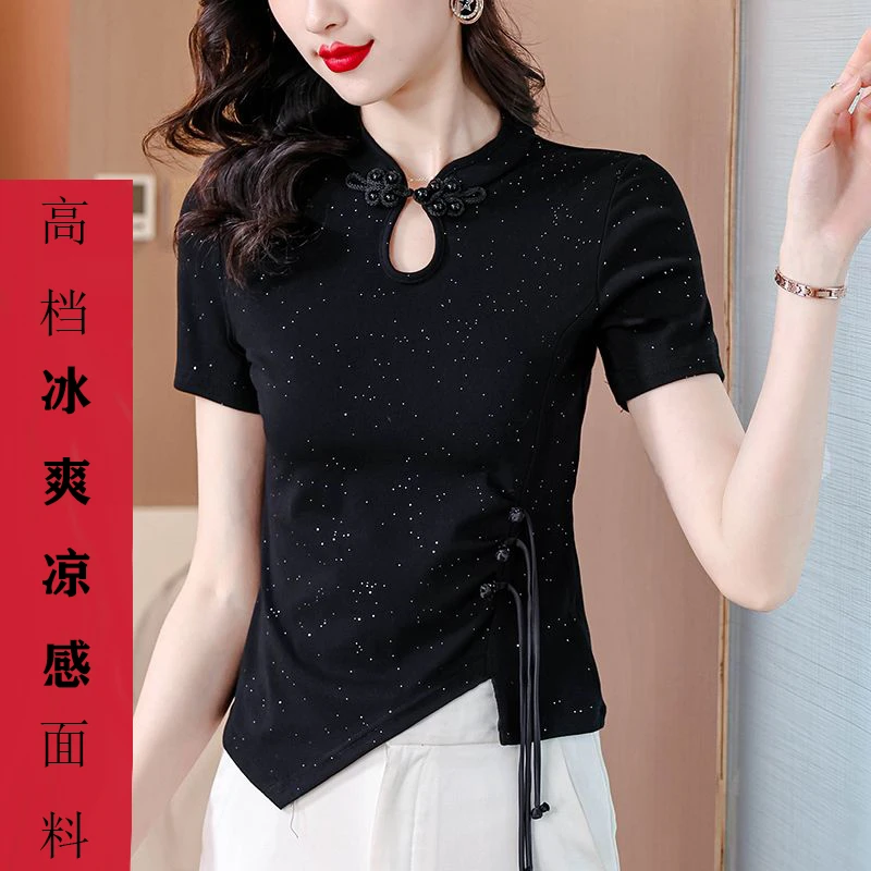 新中式立领上衣女装短袖夏季新款不规则短款黑色t恤国风盘扣小衫
