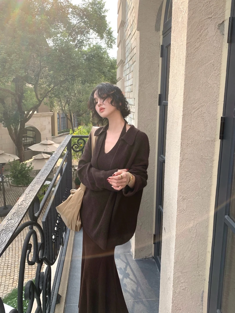 酒午羊毛混纺叠穿慵懒感针织上衣两件套KLF4380