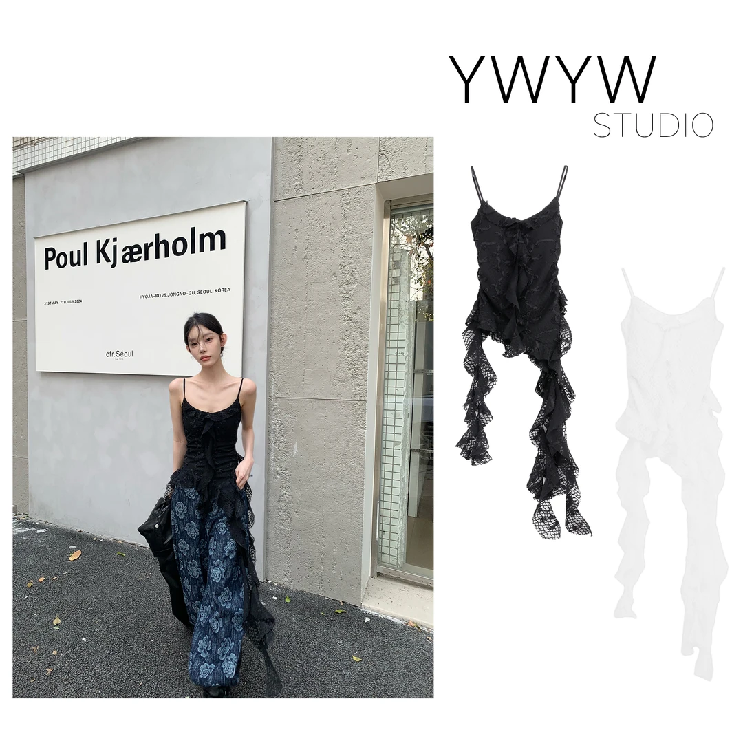 【福利款NO退换】不对称牛奶丝花边纯欲风时尚小众无袖小吊带3872