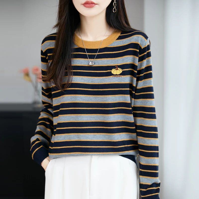 正品秋冬新款复古撞色条纹百搭宽松毛针织衫品牌长袖上衣女