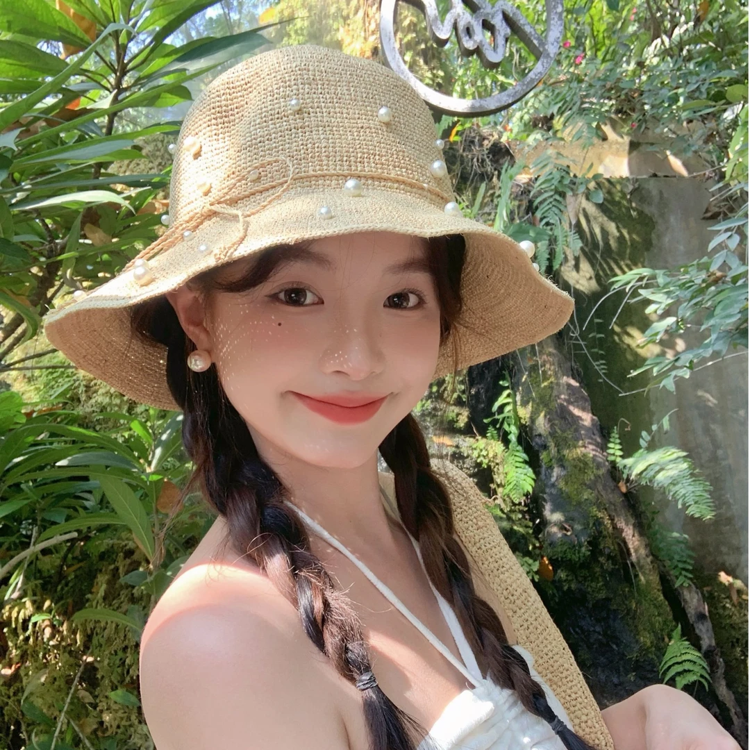 【我的头不圆】纯天然拉菲草珍珠草帽子女2025新款度假沙滩渔夫帽
