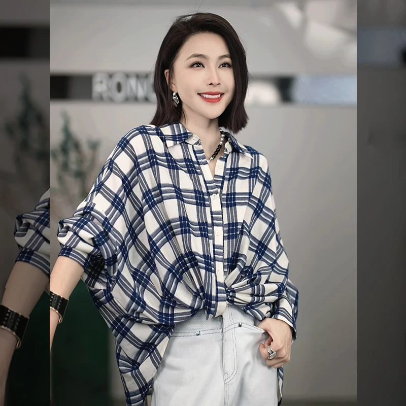 溶溶【文艺知性】RONGRONG 重磅100棉设计感格子纯欲慵懒风长袖衬衫