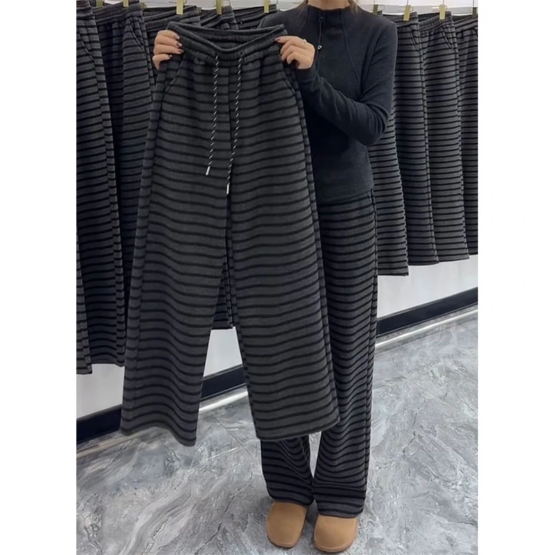 萱贝纯时尚条纹显瘦直筒休闲裤女2025秋冬新款加绒加厚窄版阔腿裤