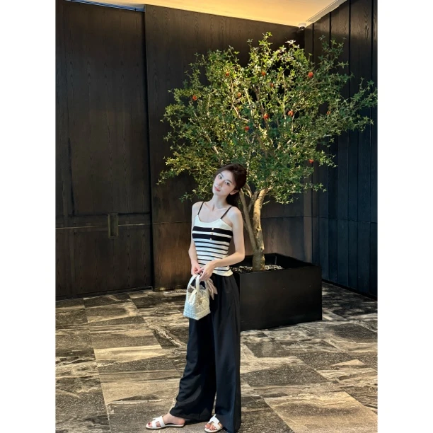 【Cikky定制】夏季外穿条纹修身吊带背心女时尚百搭显瘦长裤