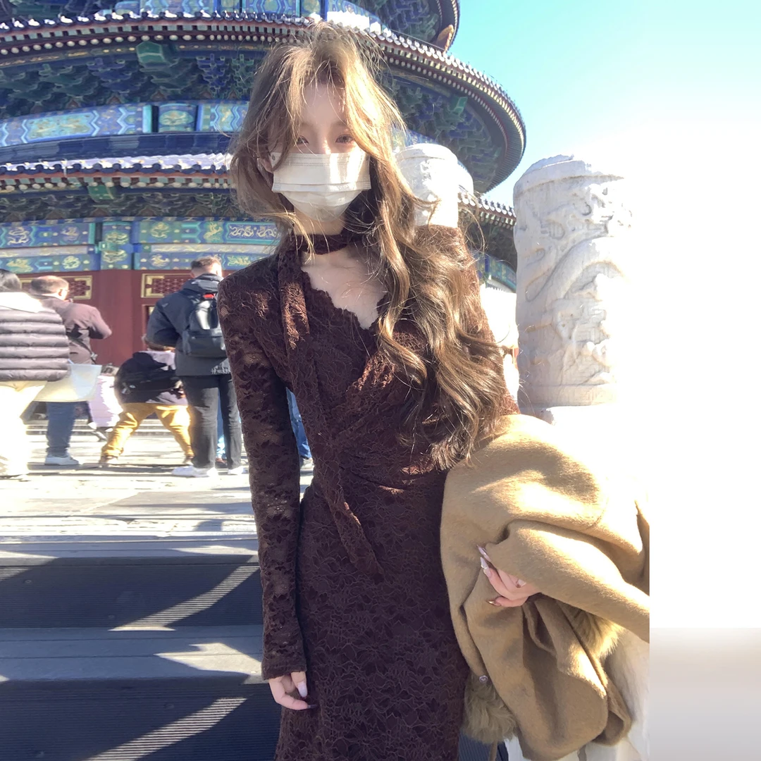 2026新款长袖紫色蕾丝连衣裙子女秋冬配大衣内搭打底气质御姐长裙