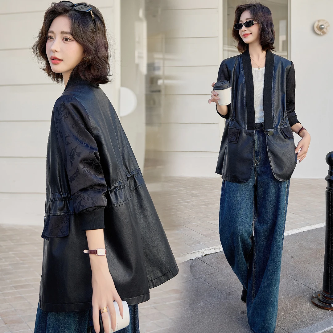 复古皮衣西装外套女中长款2025秋季新款韩版修身显瘦时尚西服上衣