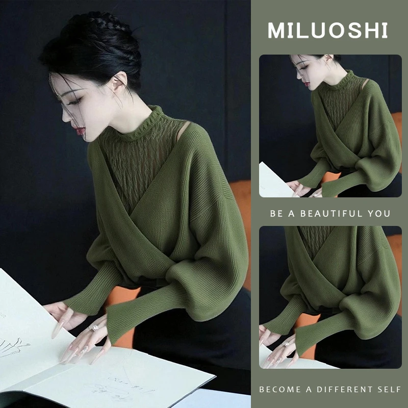 小众设计感绿色蕾丝拼接针织衫女2025秋季气质高级感百搭显瘦毛衣