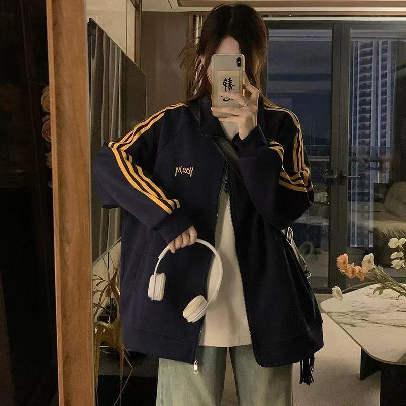 西藏新疆包邮美式复古三条杠立领卫衣外套女2024秋季宽松开衫设计